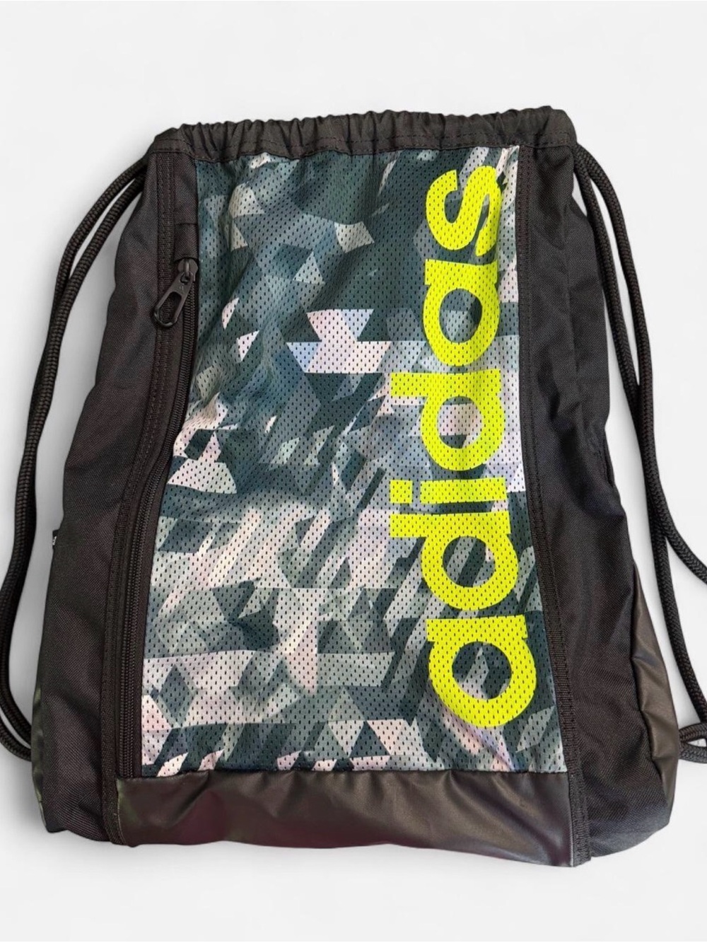 Adidas Drawstring Gym Sack Backpack Black Camo Neon Logo Zip Pocket